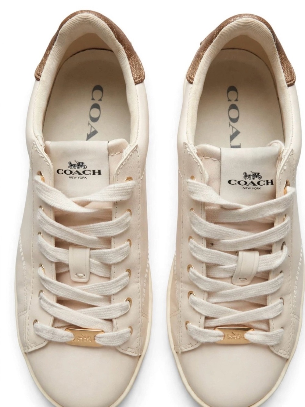 Coach Cream Leather Low-Top Sneakers with Brown Heel